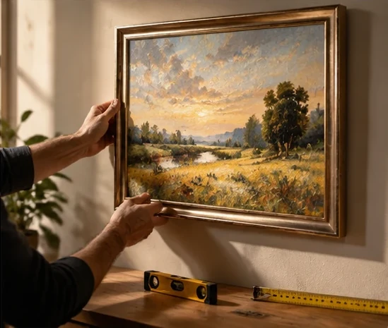 Zawieszanie obrazu w złotej ramie na ścianie: dłonie ustawiają obraz, na blacie leżą poziomica i miarka – ilustracja